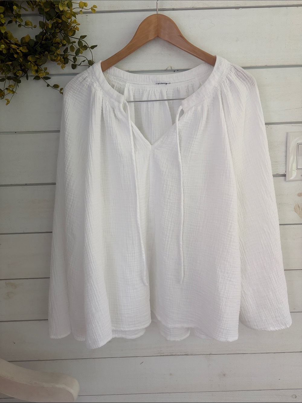 100% cotton Gauze Peasant Blouse  Tie Neck bell sleeve boho lightweight women3X